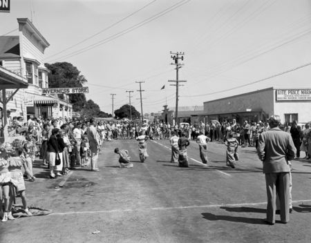Fourth of July races, Inverness, Marin Co., California. Races are held today up First Valley, leaving busy main street fre...