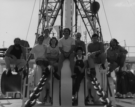 Technical crew on the foredeck of the D/V Glomar Challenger (ship) during Leg 73 of the Deep Sea Drilling Project. 1980.