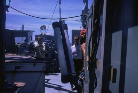 Storing long-array units on deck of R/V Thomas Washington, Indopac Expedition. September 28, 1976