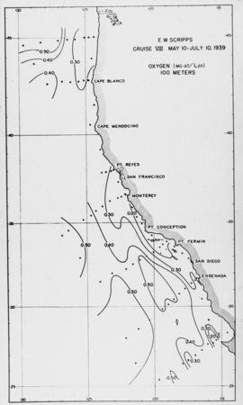 Physical Oceanography of the West Coast, R/V E.W. Scripps Cruise VIII, May 10-July 10,1939, Oxygen (MG-AT/L20) 100 Meters