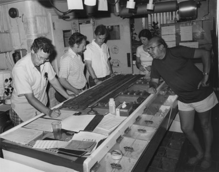 International scientists during Leg 67 on board the D/V Glomar Challenger (ship), Darrel S. Cowan of the University of Was...
