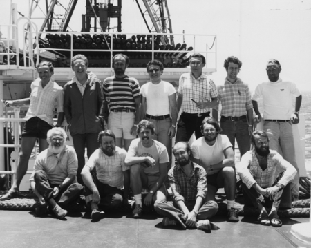 Members of scientific team for Leg 79 on the foredeck of the research vessel D/V Glomar Challenger (ship) during the Deep ...
