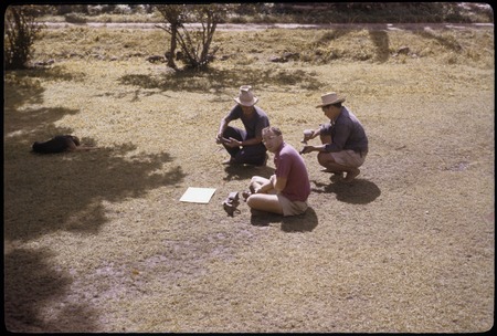Archaeologist Roger Green, with Tapia, and Hu&#39;a on front lawn, Moorea