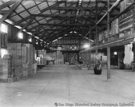 Interior view of Pacific Tuna Company cannery warehouse