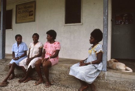 Women chatting with a nurse outside the Women&#39;s Ward of the Boyd Memorial Clinic
