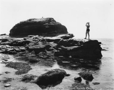 Woman in bathing suit standing on rock photographing bird at Bird Rock, La Jolla