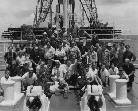Scientific staff, technicians, and assorted crew members on board the D/V Glomar Challenger (ship) during Leg 68 of the De...