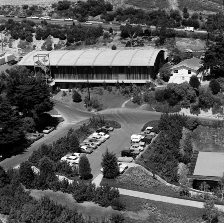Aerial view of the Hydraulics Laboratory and cottages at Scripps Institution of Oceanography