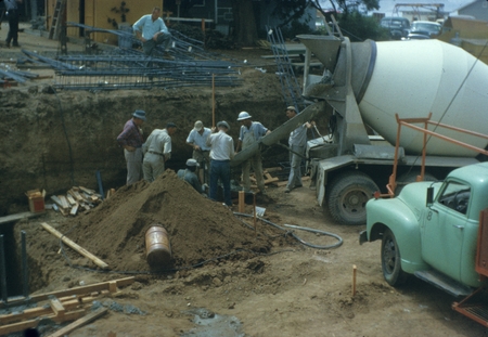 Construction workers pouring concrete for a new building on the campus of Scripps Institution of Oceanography. September 9...