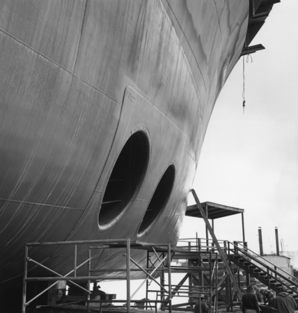 View of 57-inch bow thruster tunnels of Glomar Challenger just prior to launch on 23 March [1968] at Levingston Shipbuildi...