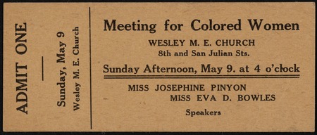 [Ticket for meeting for colored women at Wesley M. E. Church, on Sunday afternoon, May 9]