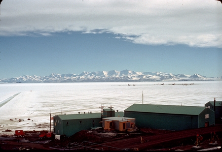 McMurdo Station, Ross Island, Antarctica, looking across frozen McMurdo Sound towards the Trans-Antarctic Mountains on the...