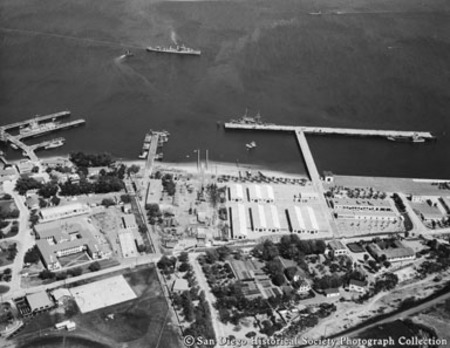 Aerial view of U.S. Navy fuel station, San Diego harbor