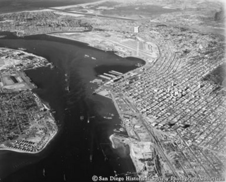 Aerial view of San Diego harbor and bay area