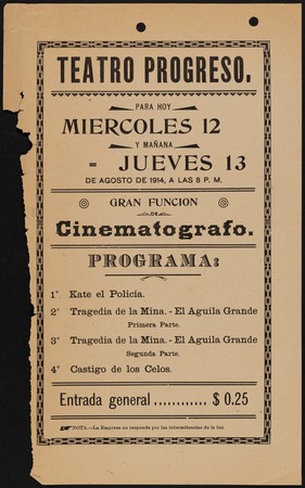 Teatro Progreso. Para hoy miércoles 12 y mañana = jueves 13 de agosto de 1914, a las 8 P.M. : gran función cinematógrafo