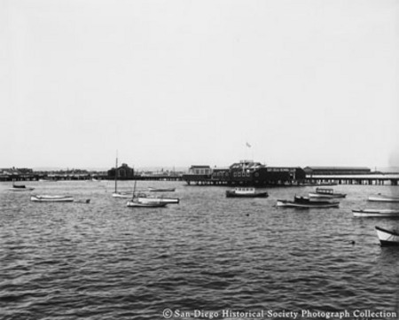 View of San Diego waterfront showing boats and San Diego Rowing Club
