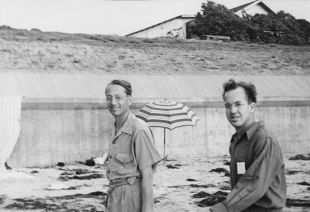 Francis P. Shepard (left) and Russell W. Raitt. University of California Division of War Research beach picnic at Scripps,...