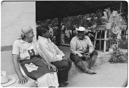 Joséfa and Loreto Arce with Tacho Arce on the porch at Rancho San Gregorio