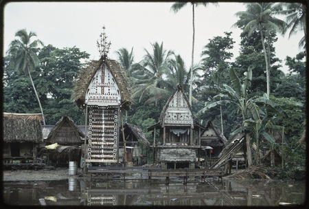 Chief&#39;s house (r) and full yam house (l) with painted facades, Ialumgwa village, Kiriwina