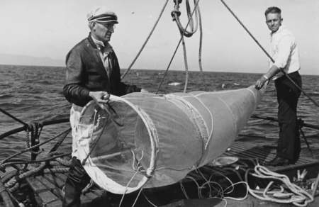 Martin Wiggo Johnson and Earl Myers with plankton net aboard R/V Scripps