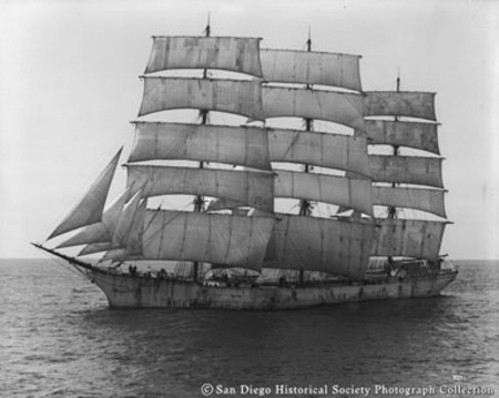 British square-rigger Dudhope under full sail off San Diego coast