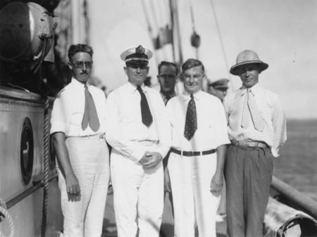 Aboard the ship Atlantis: Scientific staff, including Captain McMurray, Dean F. Bumpas, Bill Schroeder, and Bermudez