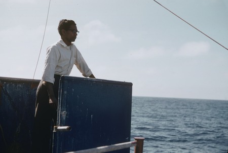 C. Balarama Murty is shown here watching the hydrographic wire line with the Nansen bottles from the deck of the R/V Argo ...