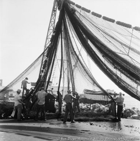 Hoisting fishing nets on San Diego&#39;s Embarcadero