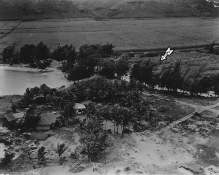 Aerial view of Kawela Bay, Oʻahu after a tsunami