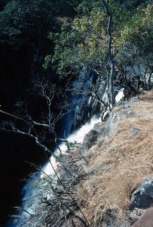 Water from Kalambo Falls tumbling down the gorge to the river below