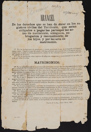 Arancel de los derechos que se han de cobrar en los registros civiles del Territorio, y que estan obligados a pagar las pa...