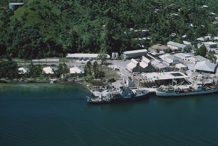 Aerial photo taken of the research ship R/V Argo (in center), while stationed in port in the Pago Pago Harbor. Pago Pago i...