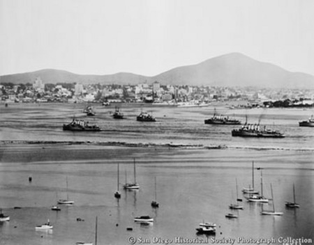 General view of San Diego harbor with ships and boats on bay