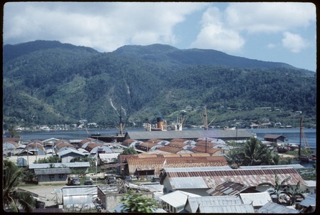 Jayapura quonset huts and other buildings, background of harbor and mountains