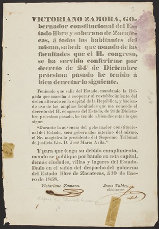 Victoriano Zamora, gobernador constitucional del Estado libre y soberano de Zacatecas ... Teniendo que salir del Estado, m...