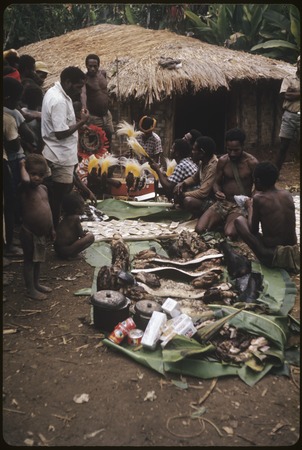 Bride price for Membe: display of exchange items such as feather valuables, pork, other foods, and cash