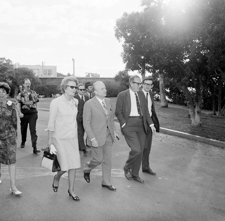 William A. Nierenberg (second from the right), Edith (Meyerson) Nierenberg, and George G. Shor (left, in back) walking wit...