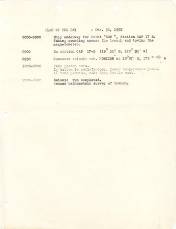 Capricorn Expedition logs: Plan of the day, 1952 December 30