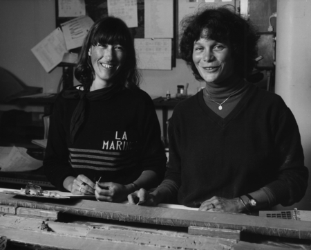 Geologists Anne-Marie Karpoff (right) and Judy McKenzie (left) on board the D/V Glomar Challenger (ship) during Leg 73 of ...