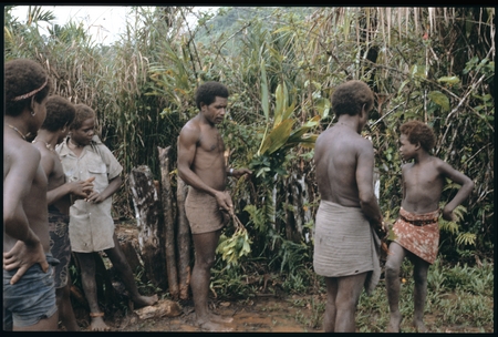 Maenaa&#39;adi, Dangeabe&#39;u and young men standing in front of men&#39;s house, performing ritual.