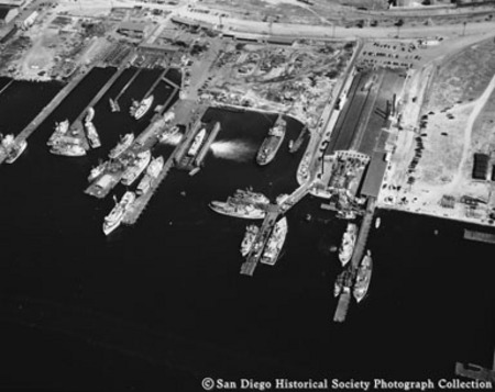 Aerial view of tuna fleet, San Diego harbor