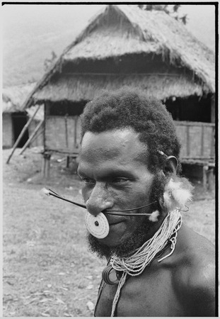 Pig festival, uprooting cordyline ritual, Tsembaga: man with nose ornaments and trade-bead necklace