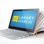 Image with UC Library Search logo and a laptop open that transitions into a book.