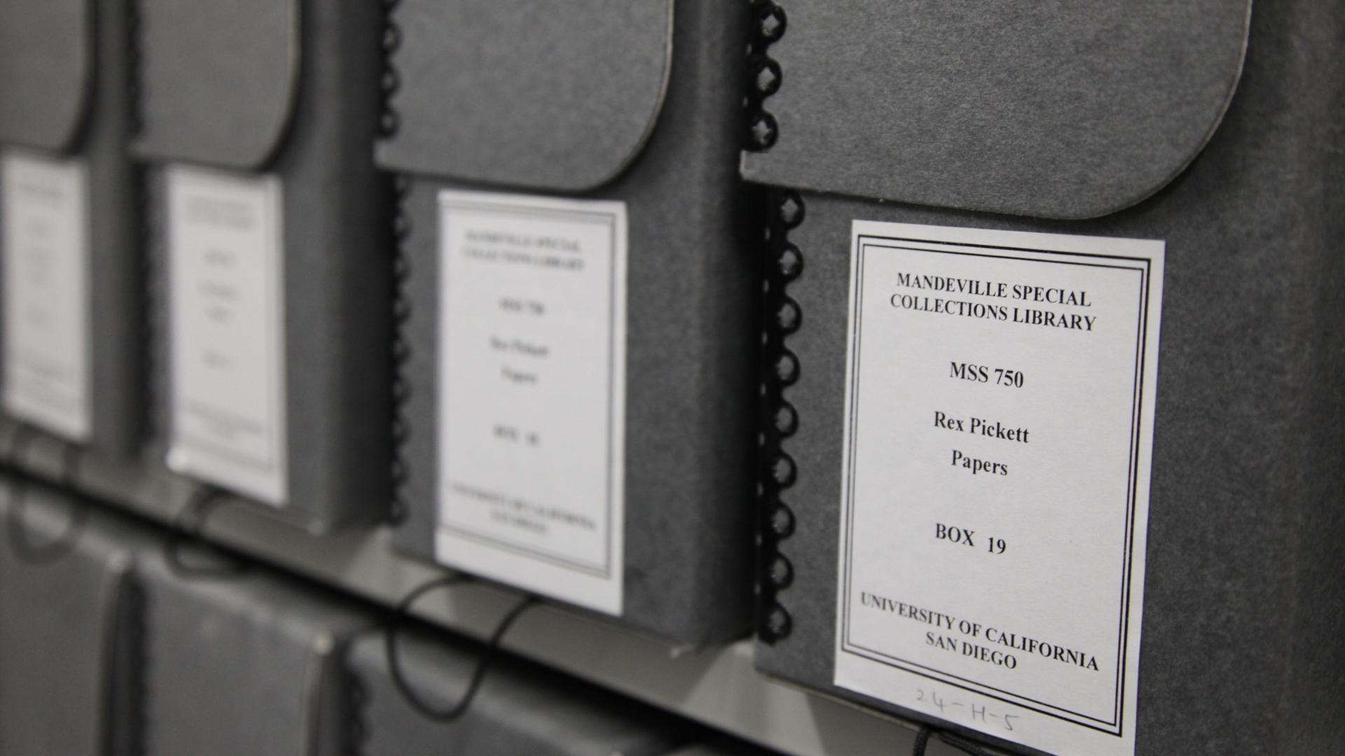 Photo of the Rex Pickett Papers in Special Collections & Archives at the UC San Diego Library.