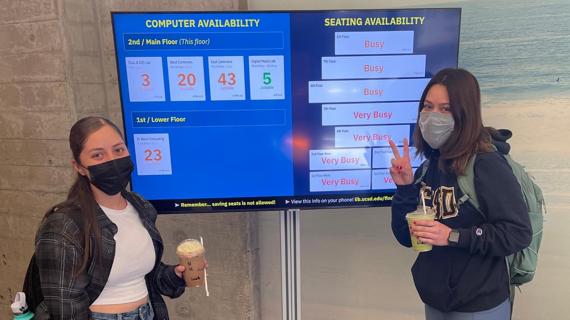 Two UC San Diego students standing in front of the digital signage powered by the Waitz app showing occupancy levels at Geisel Library.