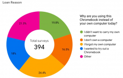 Pie graph with statistics from a survey that asked users for the reason why they checked out a Chromebook..