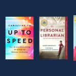 Four images of book covers on a solid navy background.