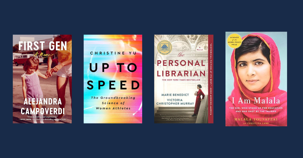 Four images of book covers on a solid navy background.