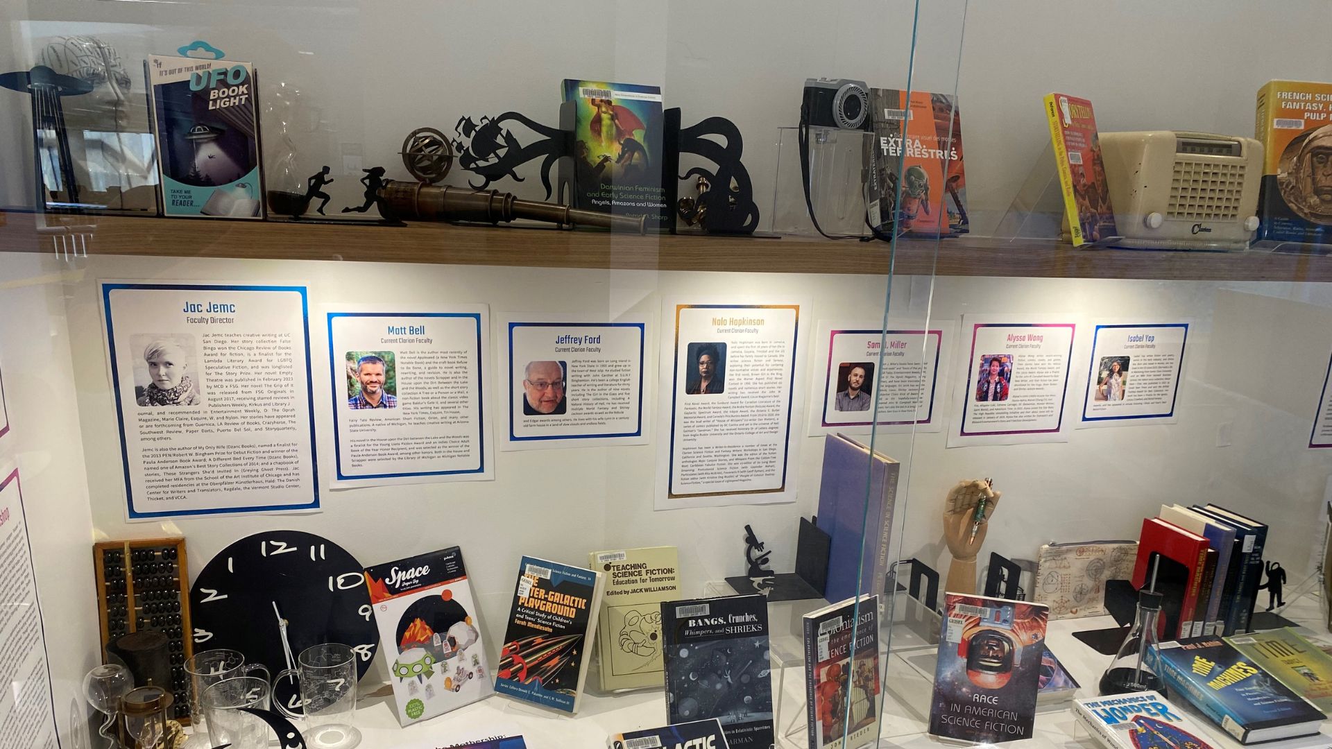 Photo of items in the Clarion exhibit located at The Nest at Geisel Library.