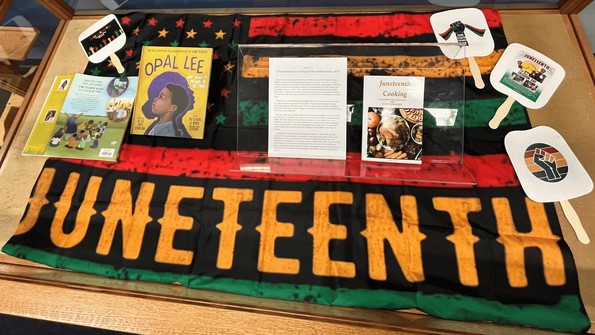 Image showing one of the Juneteenth display cases at Geisel Library, June 2024.